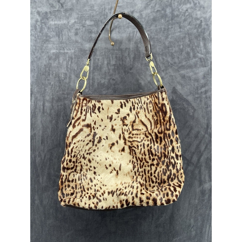 VTG Garnet Hill Italy Leather Calf Hair Leopard Print Hobo Bag Brown